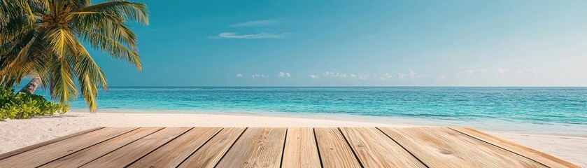 Fototapeta premium A serene beach scene with a wooden deck, turquoise waters, and palm trees under a clear blue sky, perfect for relaxation and escape.