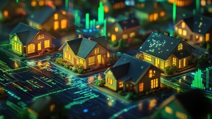 Obraz premium Miniature houses and coins representing real estate investment trends with a background chart showing fluctuations in the market