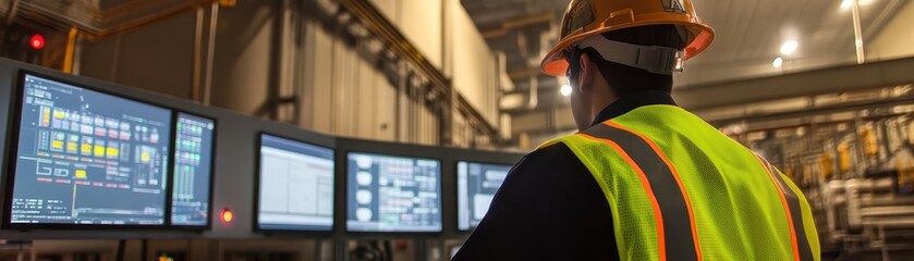 A worker in safety gear operates multiple screens in an industrial setting, showcasing a high-tech environment focused on monitoring and control.
