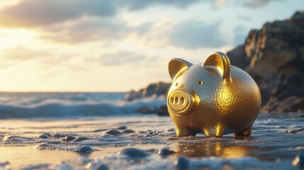 A golden piggy bank rests on a scenic beach with a serene ocean background, symbolizing a peaceful retirement funded by careful savings and investments.