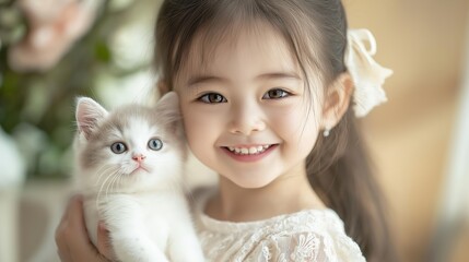 Young girl smiles brightly while holding a fluffy white kitten in a cozy, sunlit room filled with flowers