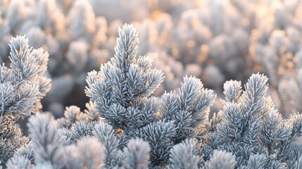 Frosted pine branches with blurred snowy forest at sunset