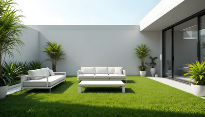 Modern patio with white furniture and lush greenery