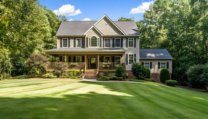 Obraz premium New home with a spacious deck and well-maintained lawn, ideal for outdoor gatherings AI Generated