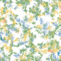 Paint splashes with dotted texture. Teal blue, moonstone blue, dusty green, light salmon and dull yellow on the white background. Seamless hand drawn pattern