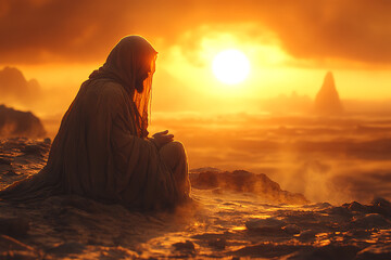 Jesus Christ fasting in a desert landscape, surrounded by sand and rocks, with a glowing divine aura, symbolizing trials and spiritual resilience.