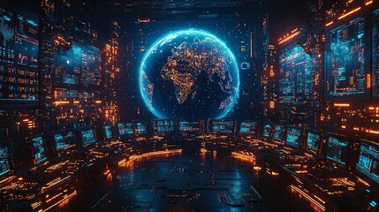 Global network control room, futuristic technology, monitoring Earth