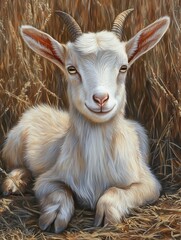 Fototapeta premium Adorable Goat Kid Resting, Peaceful Farm Animal