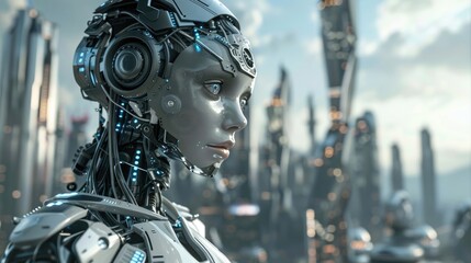 Fototapeta premium modern robot girl, the concept of cyberpunk and artificial intelligence, on a blurred background of the megalopolis city, technologies of the future