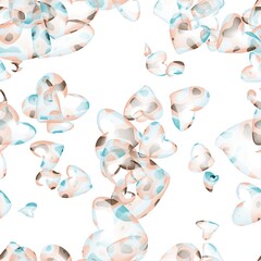 Transparent flying hearts on the white background. Abstract seamless hand drawn pattern. Dark turquoise, pale blue lily, desert sand and deep coffee colors