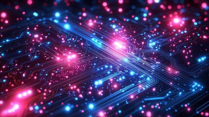 Naklejka premium Glowing Circuit Board, Digital Network, Data Flow, Technology Background