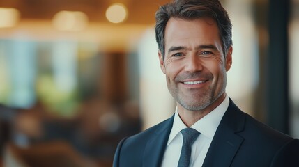 Fototapeta premium Successful professional man smiling in modern office setting with natural light during daytime