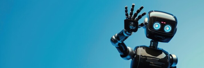 friendly robot assistant waves hello, mobile chatbot, computer security on the Internet, horizontal banner, poster, blue background, copy space, free space for text