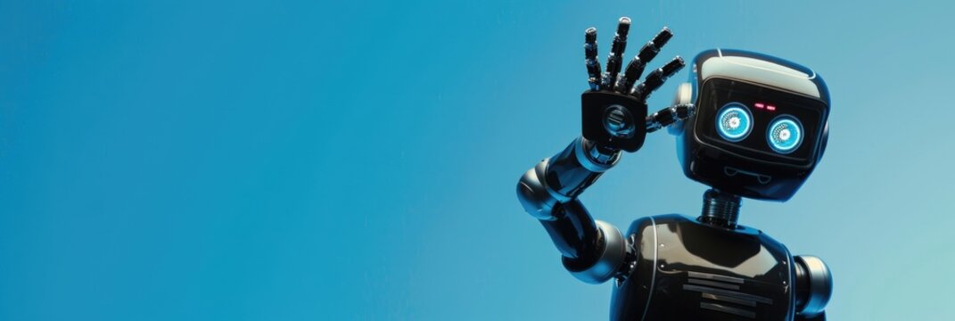 friendly robot assistant waves hello, mobile chatbot, computer security on the Internet, horizontal banner, poster, blue background, copy space, free space for text