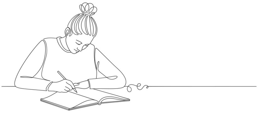 girl student studying line art style vector illustration