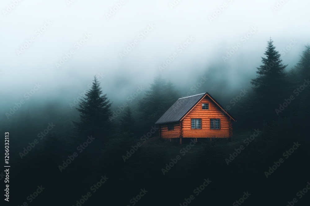Poster a lone log cabin rests atop a misty hillside, encased by dense trees and enveloped in soft fog, crea