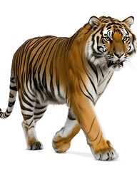 Obraz premium A tiger walking with determination, its long, powerful strides contrasted against a clean white background, highlighting its grace