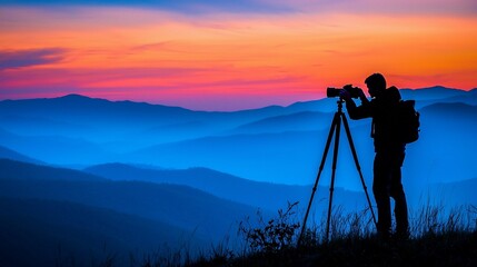 Photographer silhouetted against a vibrant sunset over misty mountains.