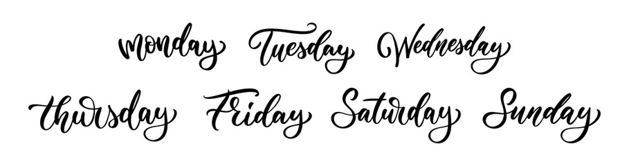 Set of lettering calligraphy - Monday, Tuesday, Wednesday, Thursday, Friday, Saturday, Sunday. Days of the weekday. Typography design.