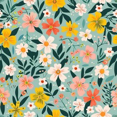 Seamless Pastel Floral Pattern Design Pretty Summer Flower Background Textile Fabric Print Vintage Botanical Illustration Beautiful Spring Blossom    