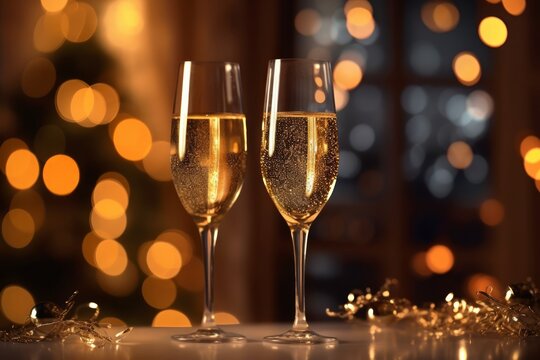 Glasses with little bubbles, tasting of sparkling wine champagne, winter festival in December.
