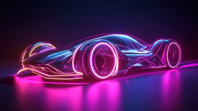 Futuristic retro wave synth wave car. Retro sport car with neon backlight contours by ai generative. - Powered by Adobe