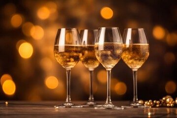 Set of transparent champagne glasses with sparkles on glitter gold background. Four glasses. 