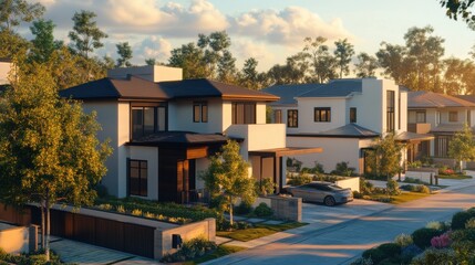 Fototapeta premium Simple 3D homes with upward arrows, capturing rising sales in the housing market
