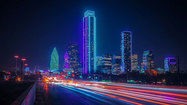 Vibrant nighttime cityscape with illuminated skyscrapers and light trails on a highway.