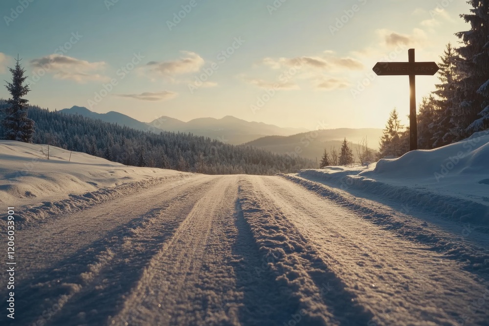 Aufkleber wide-angle view of a peaceful snowy field framed by frost-covered pine trees at sunset, featuring a 