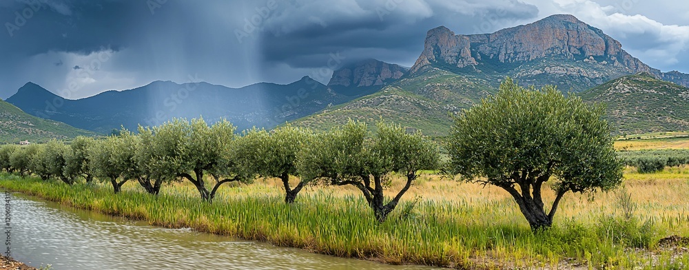 Sticker Dramatic storm clouds over olive grove and mountains.