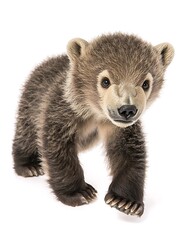 Fototapeta premium A young polar bear cub walking gracefully, its small, delicate form standing out against the smooth white backdrop