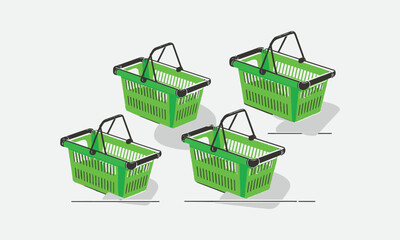 Vector-style illustration sets of colorful shopping baskets, easily editable.