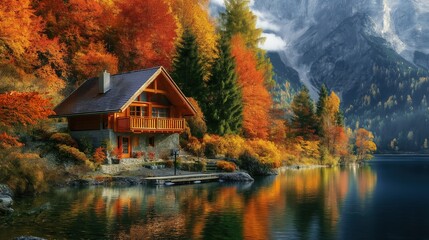 Fototapeta premium Autumn cabin by a serene lake surrounded by colorful trees and majestic mountains at sunset