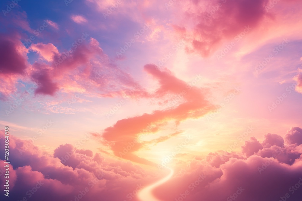 Aufkleber A winding path cuts through soft clouds, illuminated by a bright light in the distance, creating an ethereal atmosphere that encourages introspection and exploration