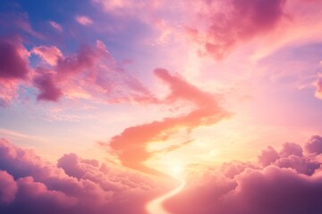 Obraz premium A winding path cuts through soft clouds, illuminated by a bright light in the distance, creating an ethereal atmosphere that encourages introspection and exploration