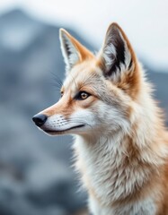 Fototapeta premium A closeup profile of a light orange fox with a blurred blue mountain background