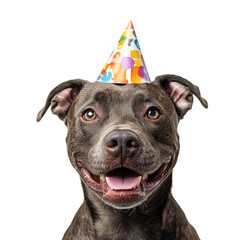 Fototapeta na wymiar Happy dog celebrates birthday in festive party hat home environment fun pet joyful atmosphere close-up view isolated on transparent background