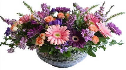 Vibrant floral arrangement featuring various shades of pink, purple, and orange daisies; perfect for retirement party invitations, floral-themed designs, or celebratory occasions.