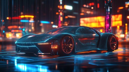 AI Generating picture of a futuristic electric car with a holographic wireframe digital technology background.