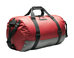 Outdoor adventure gear red and gray duffel bag with black straps for travel hiking and sports activities isolated on transparent background