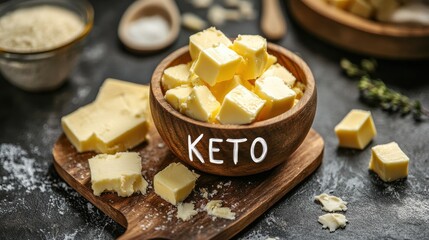 Fototapeta premium Text KETO on butter concept keto diet getting calories from fat