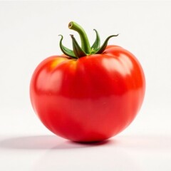 A red tomato with a green stem. The tomato is ripe and ready to eat