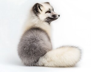 Obraz premium A calm and fluffy arctic fox sitting with its tail tucked neatly, the fur appearing soft and full, contrasted by the pure white background