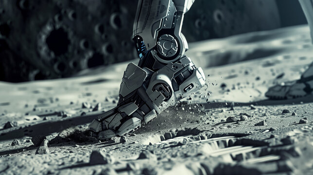Robot llegando a la superficie lunar. Pies de robot pisando la superficie lunar.