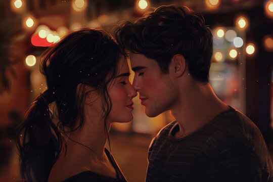 Pareja de enamorados cara a cara de cerca rozando sus rostros a punto de besarse.