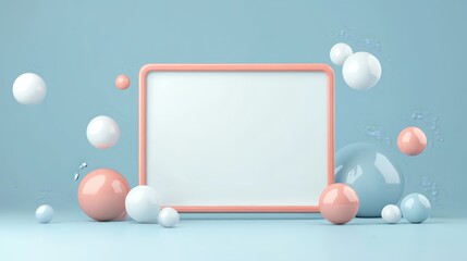 A minimalistic display with colorful spheres and a blank frame for graphic design purposes.