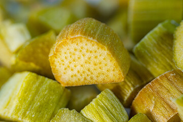 Close-up of freeze-dried rhubarb pieces showing vibrant green and pink hues, with a crisp texture. Perfect for snacking, baking, or adding a tangy flavor to dishes.