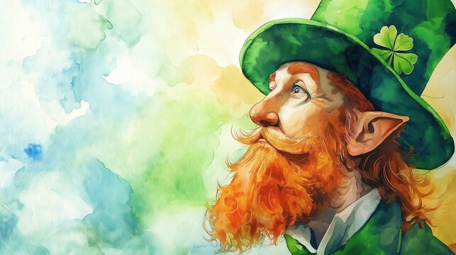 Colorful portrait of a leprechaun with a green hat and vibrant red beard looking thoughtfully upward. St. Patrick's Day Card