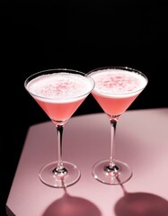 Two pink cocktails in martini glasses on a pink surface with a black background